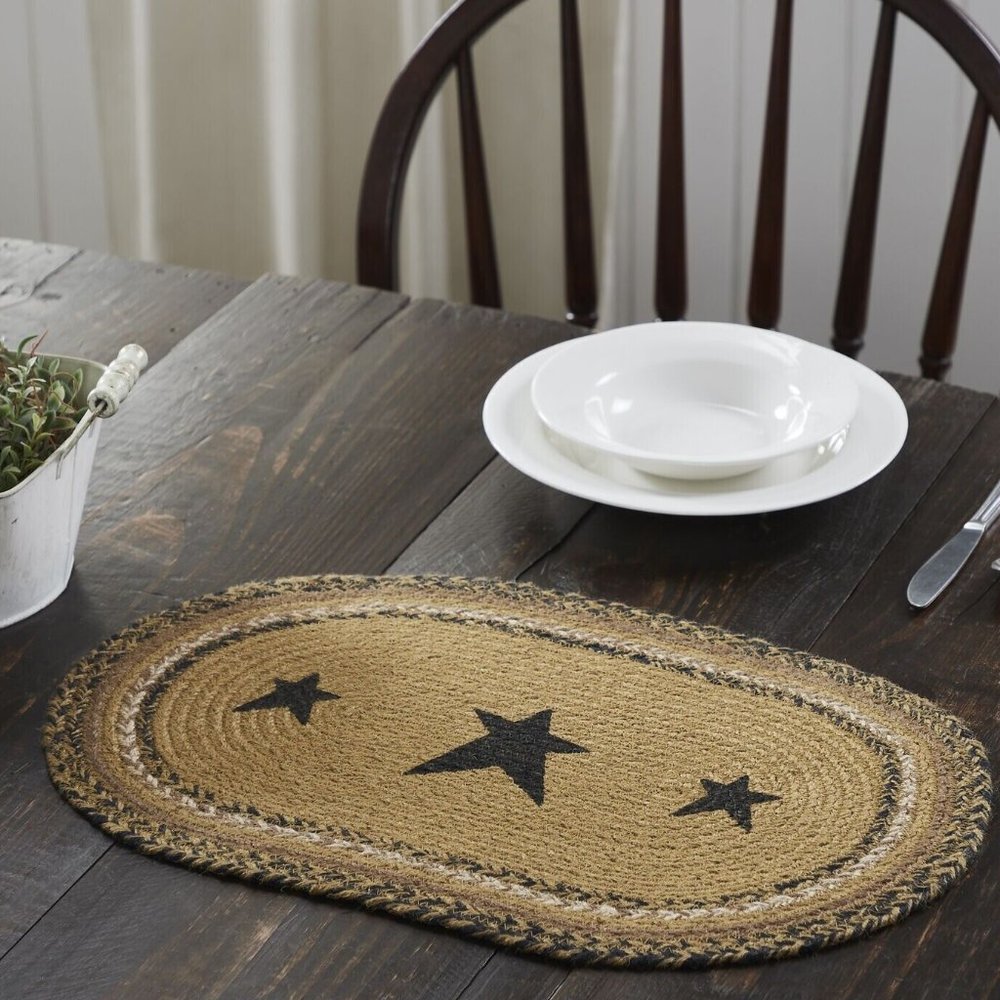 2 Country Primitive Farmhouse Kettle Grove Stenciled Star Braided Placemat 12x18